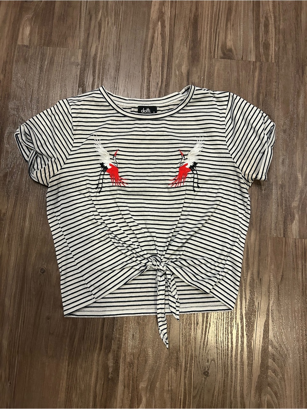 Dotti White Black Striped Tie-Front Tee with Red Crane Embroidery